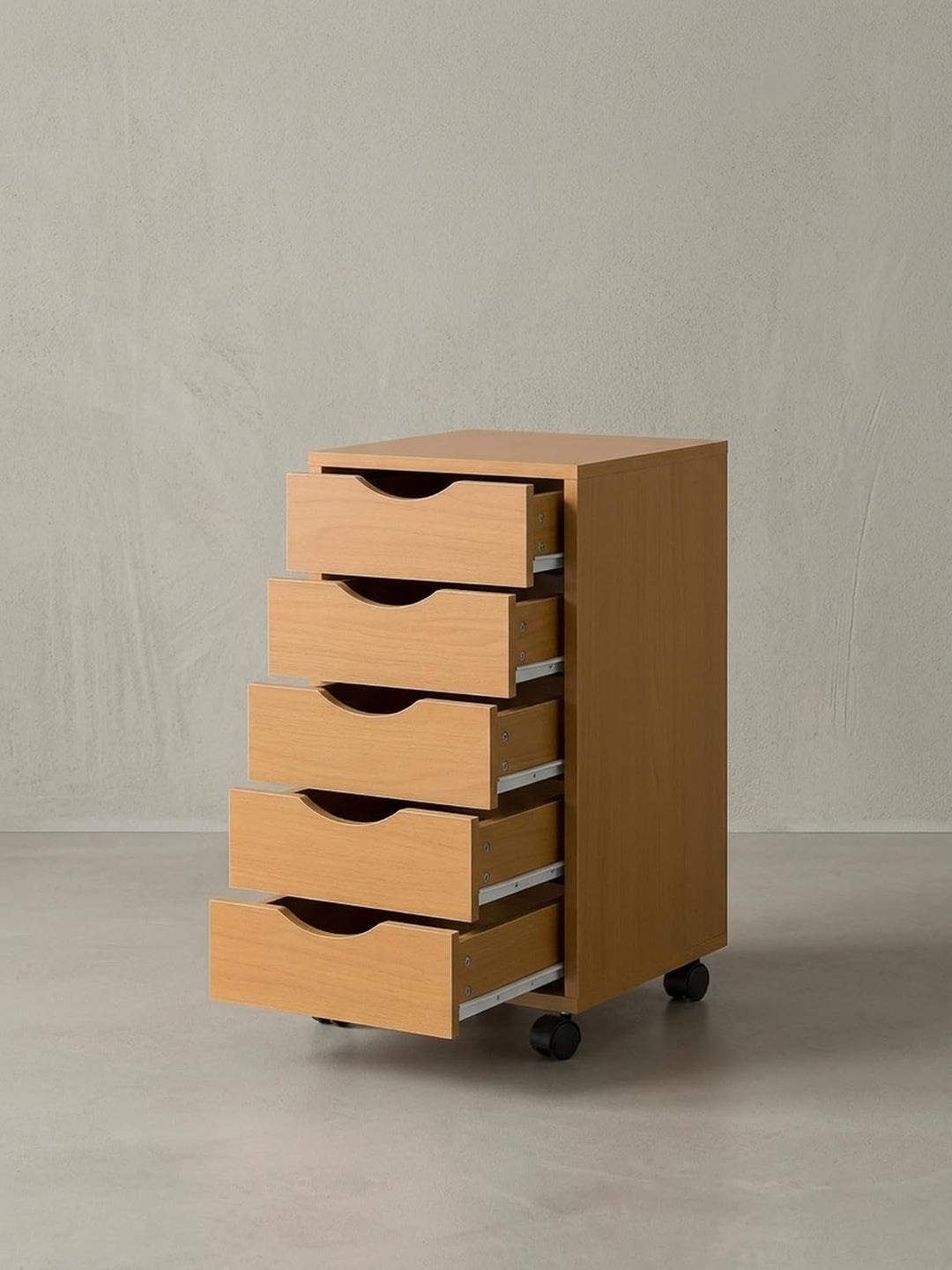 Rollcontainer WL5.924 33x64x38cm Buche MDF-Holz | Schreibtisch-Container Rollschrank 5 Schubladen |