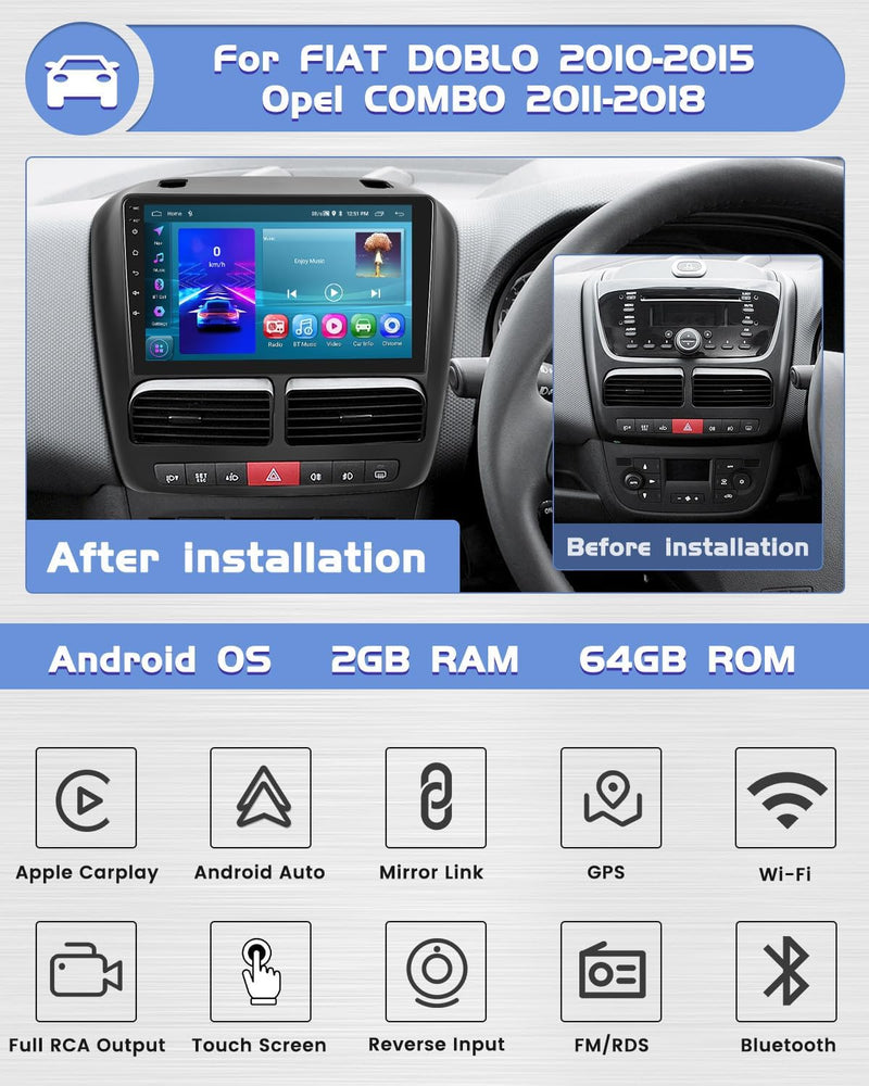 [2G+64G] Hikity Autoradio Navi Für FIAT Doblo 2010-2015 Opel Combo 2011-2018 Android 13 Wireless Car