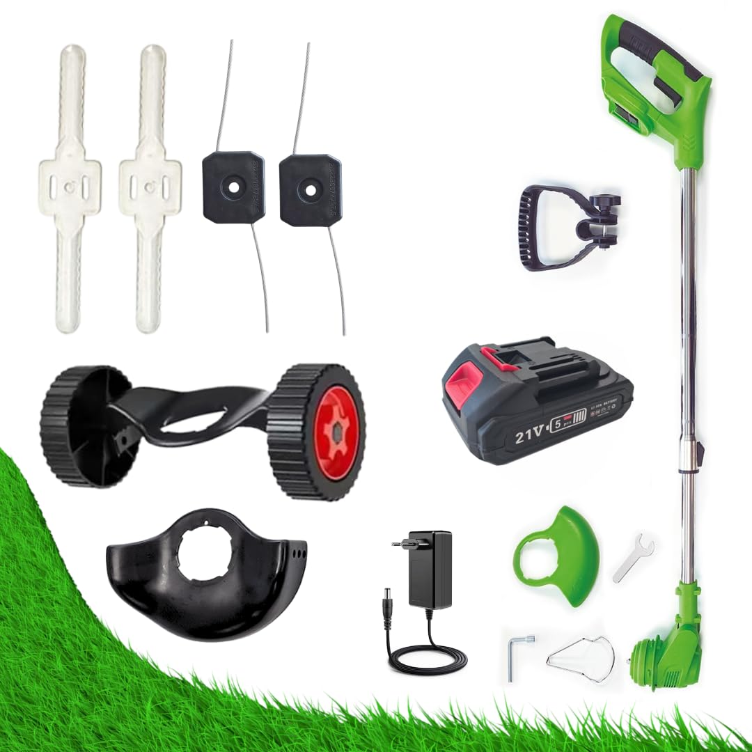 ROTORAZER 8 IN 1 Elektro-Motorsense, 2 Akkus 21V, Rasentrimmer, Strauchschneider, Rasenmäher, versch