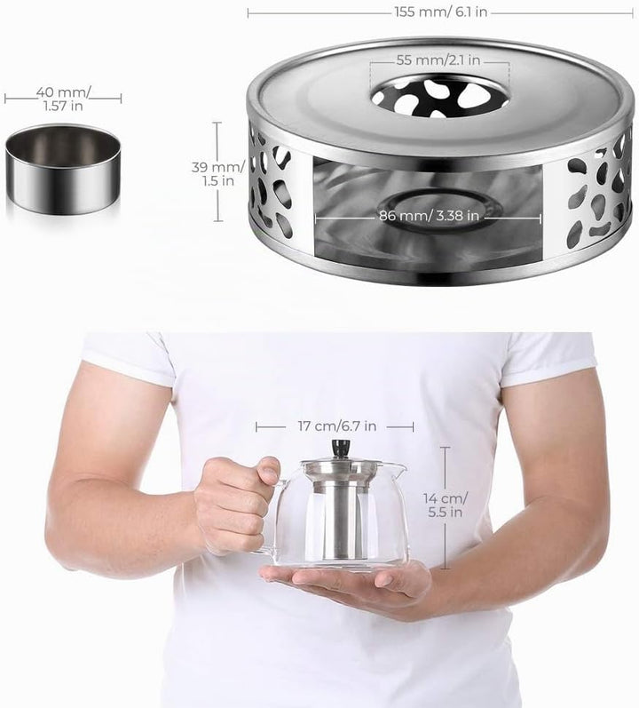ecooe 1000mL Teekanne mit Stövchen Teebereiter Glas und Edelstahl Teewärmer Type6 Silberne Teekanne