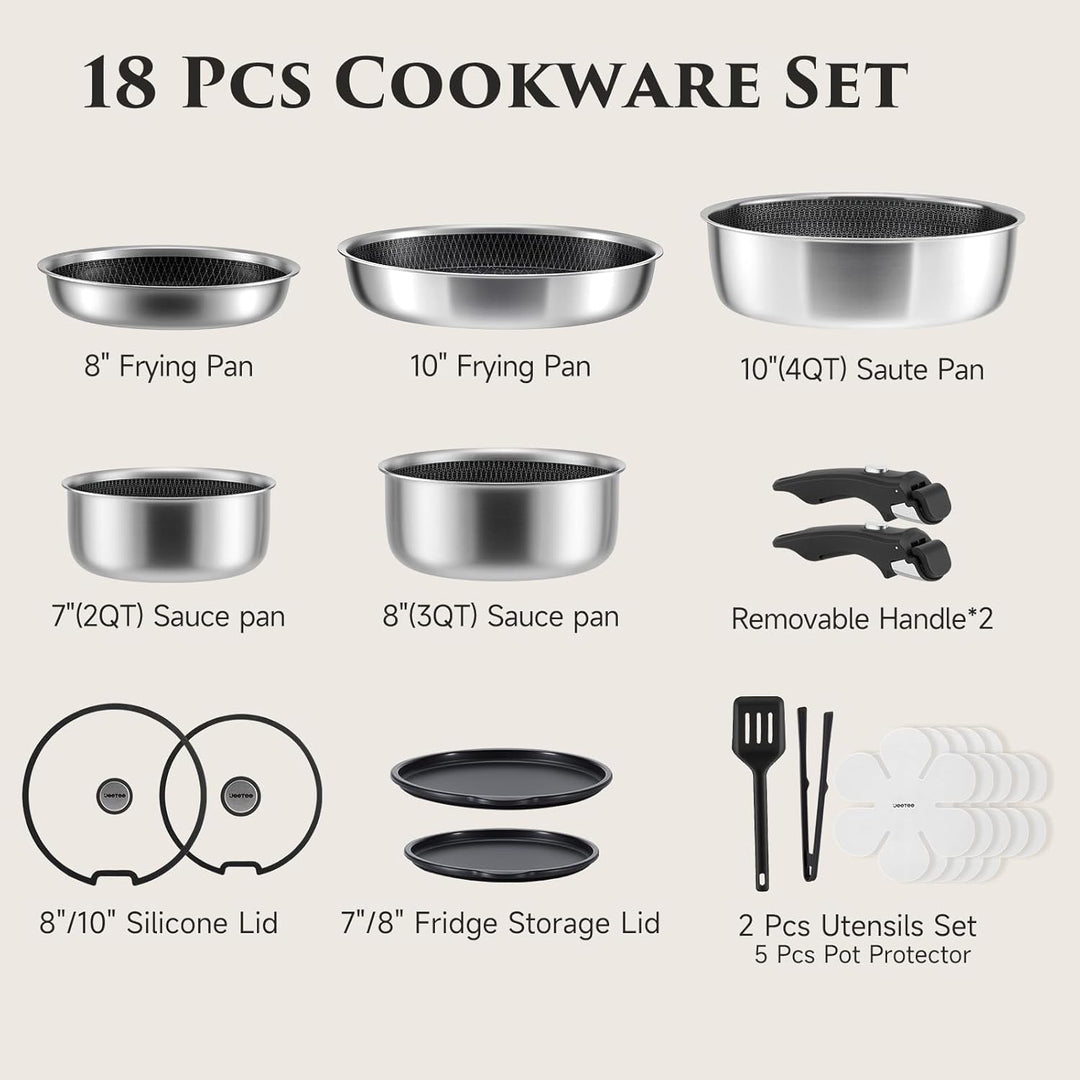 JEETEE Tri-Ply Edelstahl Topfset 18 Pcs, Kochtopf Set Antihaft mit abnehmbarem Griff, Hybrid Töpfe S