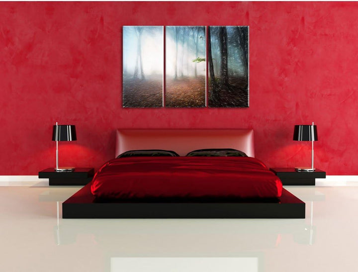 Pixxprint Düsterer Wald im Nebel / 3-Teilig/Gesamtmass 120cm Leinwandbild bespannt auf Holzrahmen/Wa