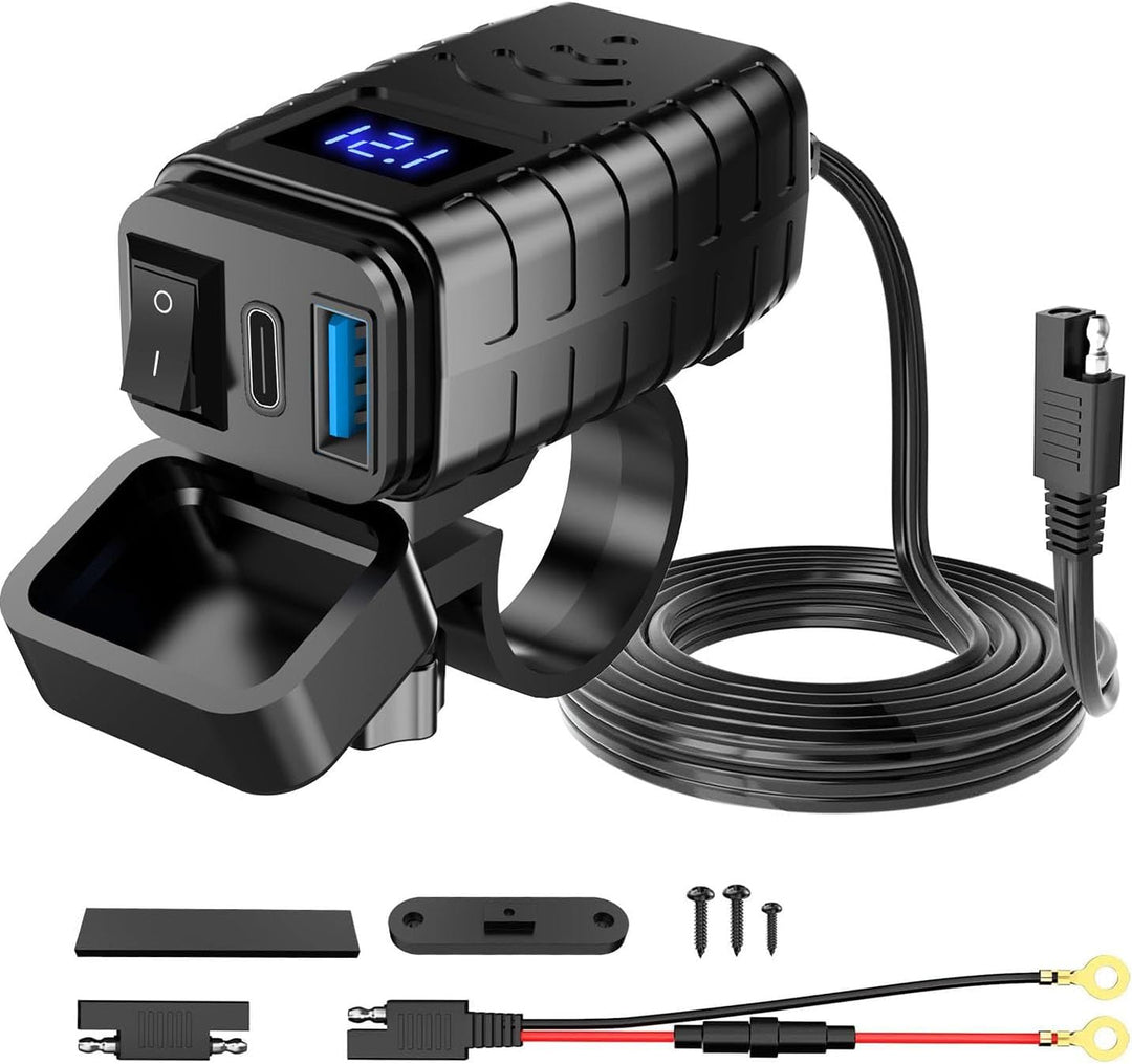 Motorrad Handy Ladegerät 12-24V mit Hochstrom PD QC3.0 Port Digital Voltmeter Anzeige und Schalter S