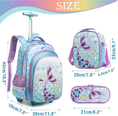 HTgroce Trolley Rucksack mit Rollen Schulranzen mit Rollen für Mädchen 16inch Meerjungfrau Schulranz