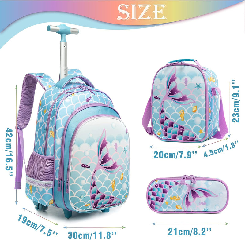 HTgroce Trolley Rucksack mit Rollen Schulranzen mit Rollen für Mädchen 16inch Meerjungfrau Schulranz