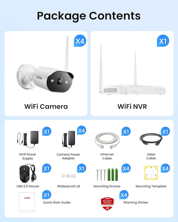 ZOSI 2K 3MP WiFi 6 Überwachungskamera Set Aussen, 8CH NVR mit 4 WLAN IP Kameras, 64GB SD-Karte, 2-We