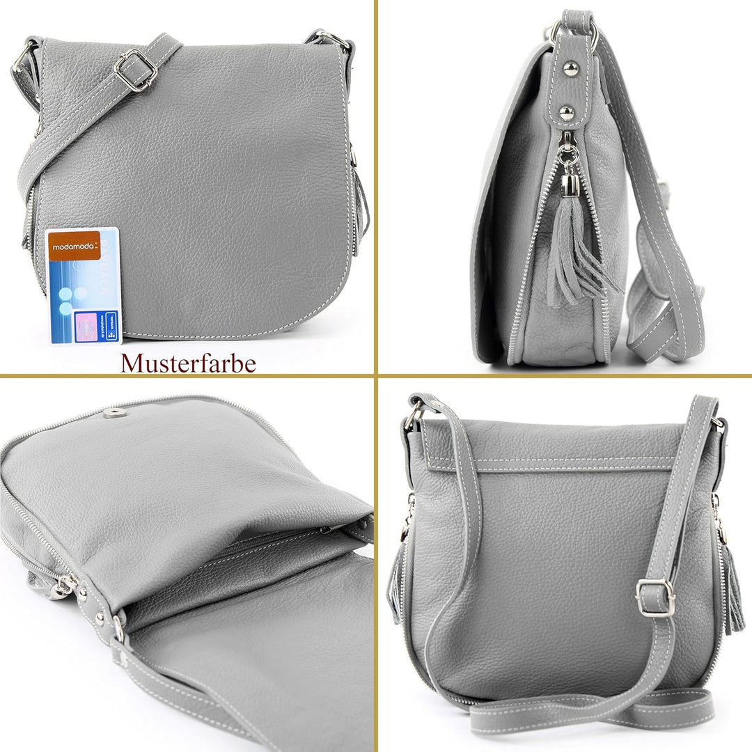 modamoda de - T06 - ital Messenger Umhängetasche aus Leder Schwarz, Schwarz