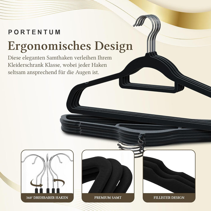 PORTENTUM Kleiderbügel aus Samt, 30 Stück, Schwarz. Zubehörhalter, 360º Drehbarer Haken, Platzsparen