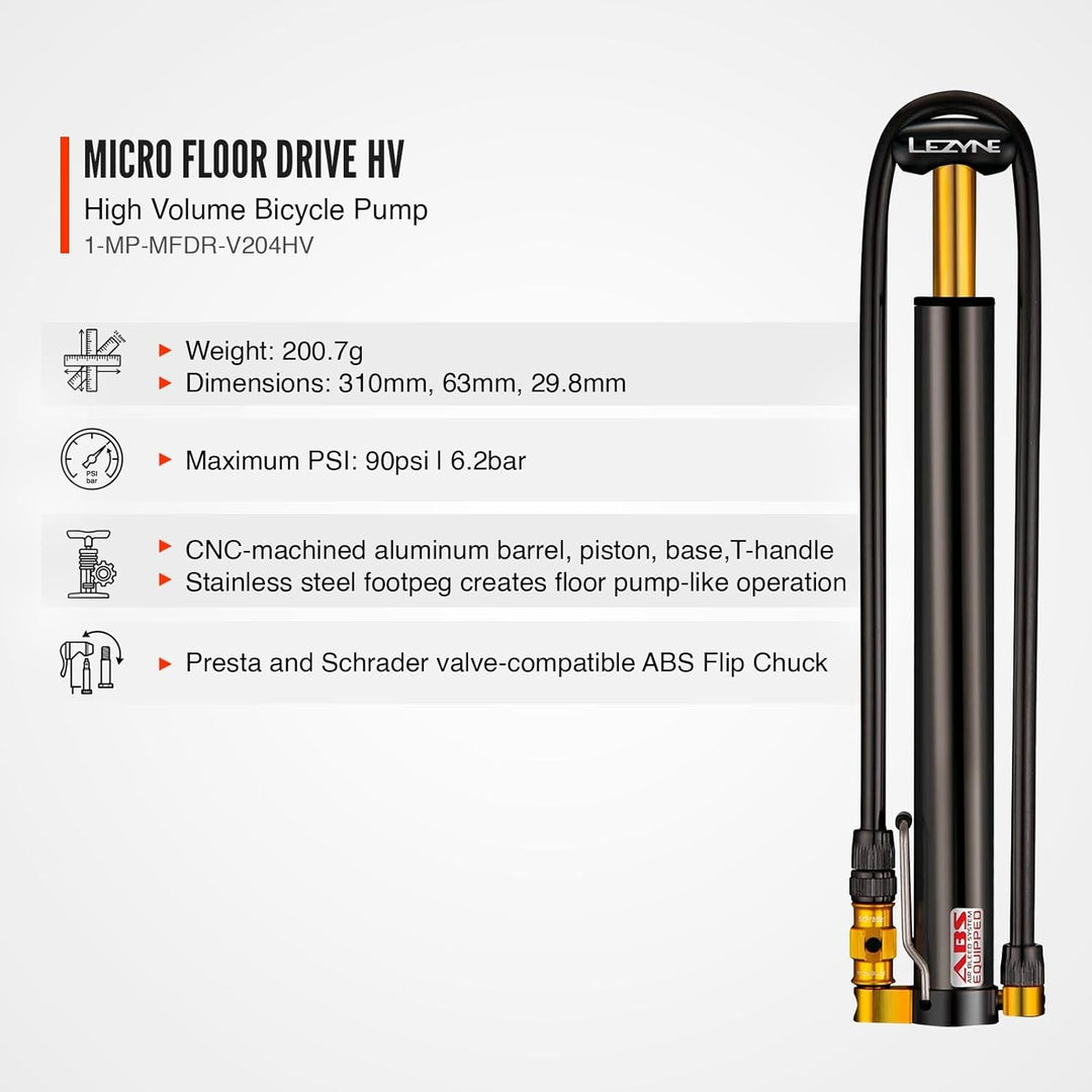 Lezyne Micro Floor Drive HP/HPG Bicycle Portable Floor Pump, Road, Gravel Bike, High Pressure, ABS F