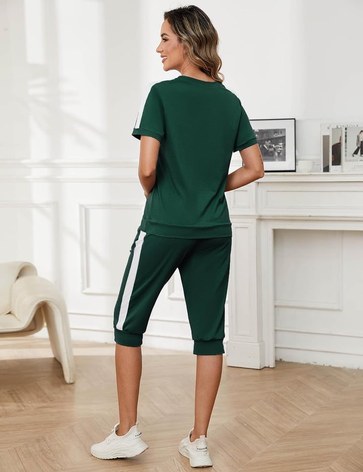 Aottori Jogginganzug Damen Set Rundhals Kurze Ärmel Trainingsanzug Zweiteiler Elegant Hausanzug Frei