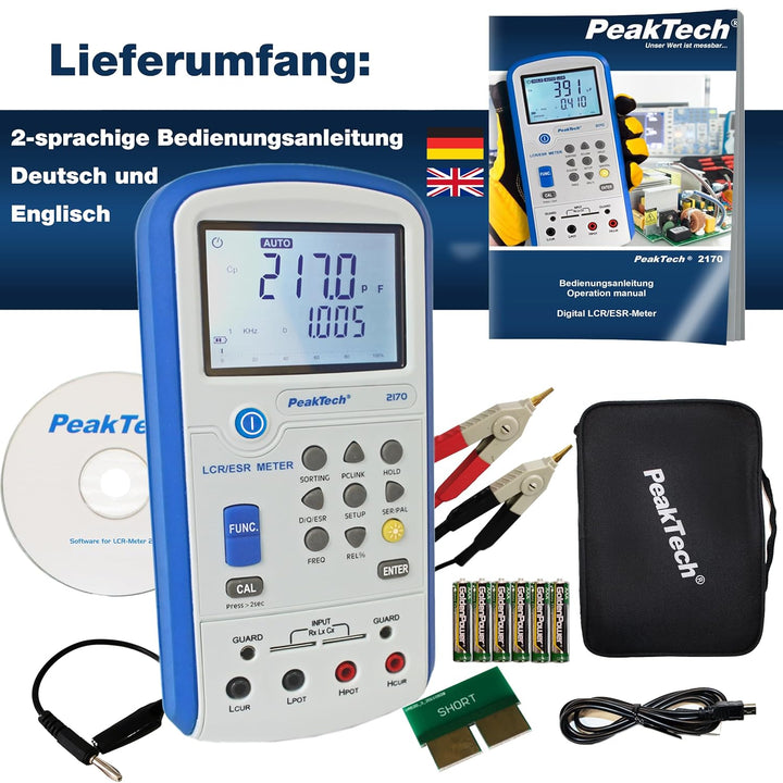 PeakTech 2170 – LCR-Meter, ESR-Messgerät mit USB inkl. Software, LCR Auto-Erkennung, Frequenz 1/120
