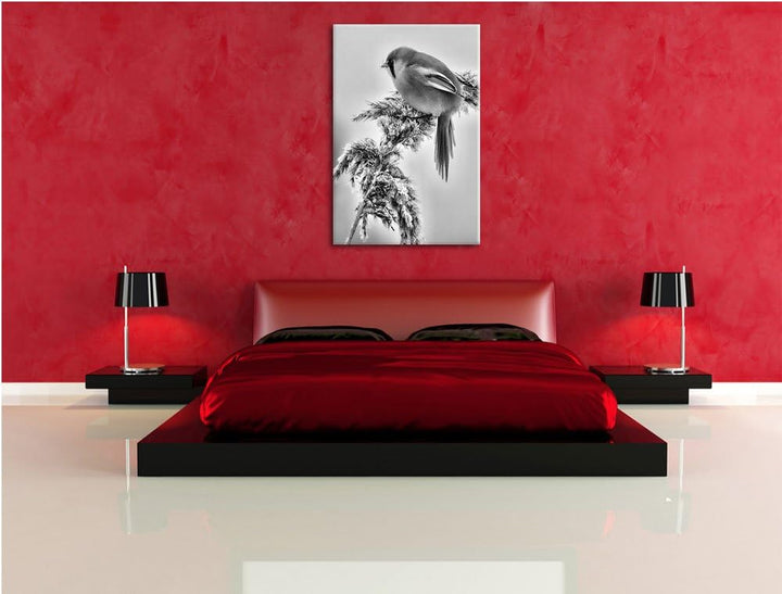 Pixxprint Monocrome, Kleiner Vogel auf Weizen im Winter, Format: 100x70 auf Leinwand, XXL riesige Bi