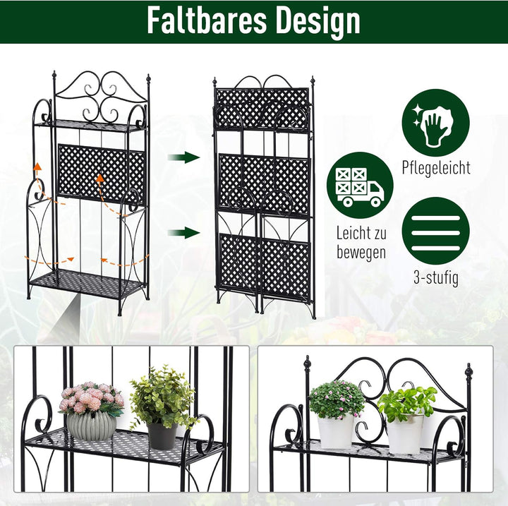 Outsunny Pflanzenregal, Gartenregal, Blumenregal, Blumentreppe mit 3 Ablagen, Metall Schwarz 56 x 30