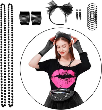 WILDPARTY 80er Jahre Outfit Damen Set, T-Shirt, Tutu, Gürteltasche, Stirnband, Ohrring, Halskette, N