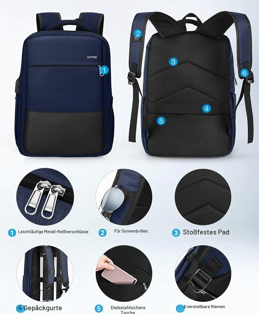 HOMIEE Rucksack Herren Laptop Rucksack Damen Wasserdicht Backpack Uni Tagesrucksack Laptoprucksack A