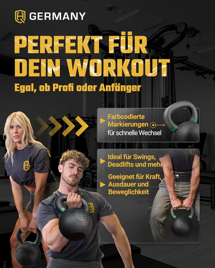 HQ Germany® Kettlebell Powdercoat [Pulverbeschichtung] - Kugelhantel 2-32kg | Vollguss ohne Schweiss