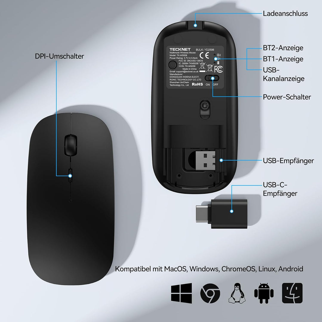 TECKNET Bluetooth Maus USB-C &amp; USB-A, Slim Kabellose Maus mit 4 Tasten Schwarz, Schwarz