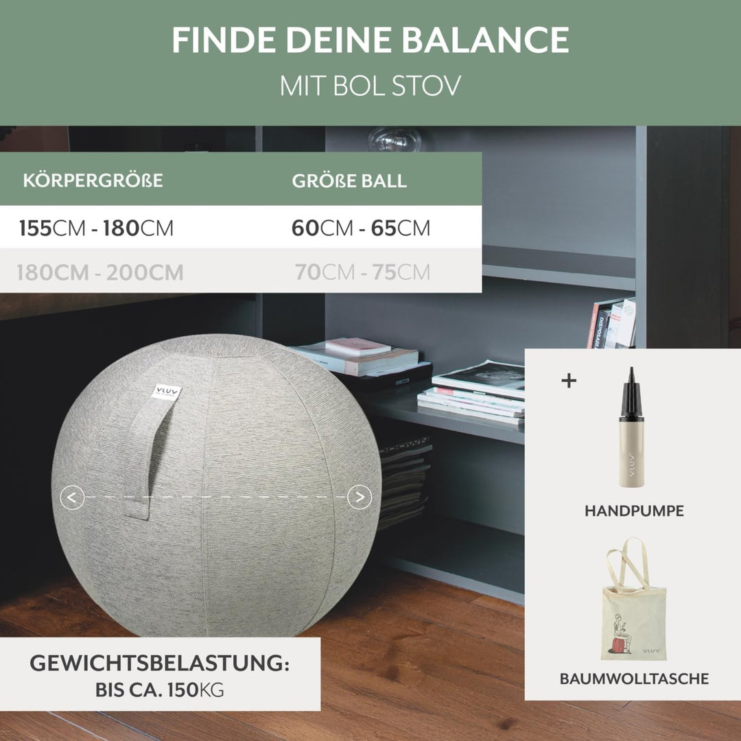VLUV® BOL STOV Sitzball Büro Ergonomisch [Atmungsaktiv mit Tragegriff und Wegrollschutz] Waschbarer