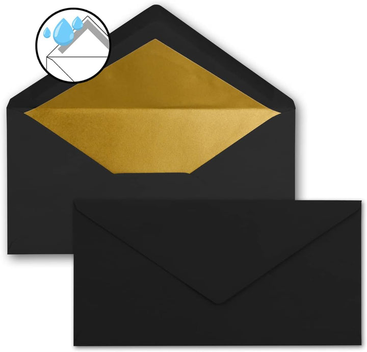 100 Brief-Umschläge DIN Lang - Schwarz mit Gold-Metallic Innen-Futter - 110 x 220 mm - Nassklebung -