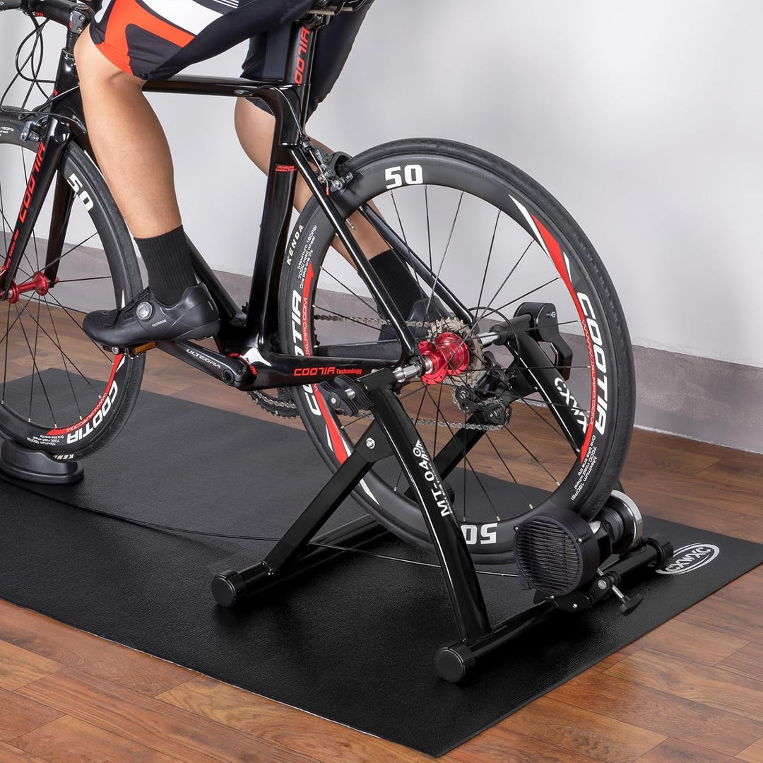 CXWXC Fahrrad Rollentrainer, Klappbar Stahl Bike Trainer mit Schnellspanner Vorderradunterlage Radtr