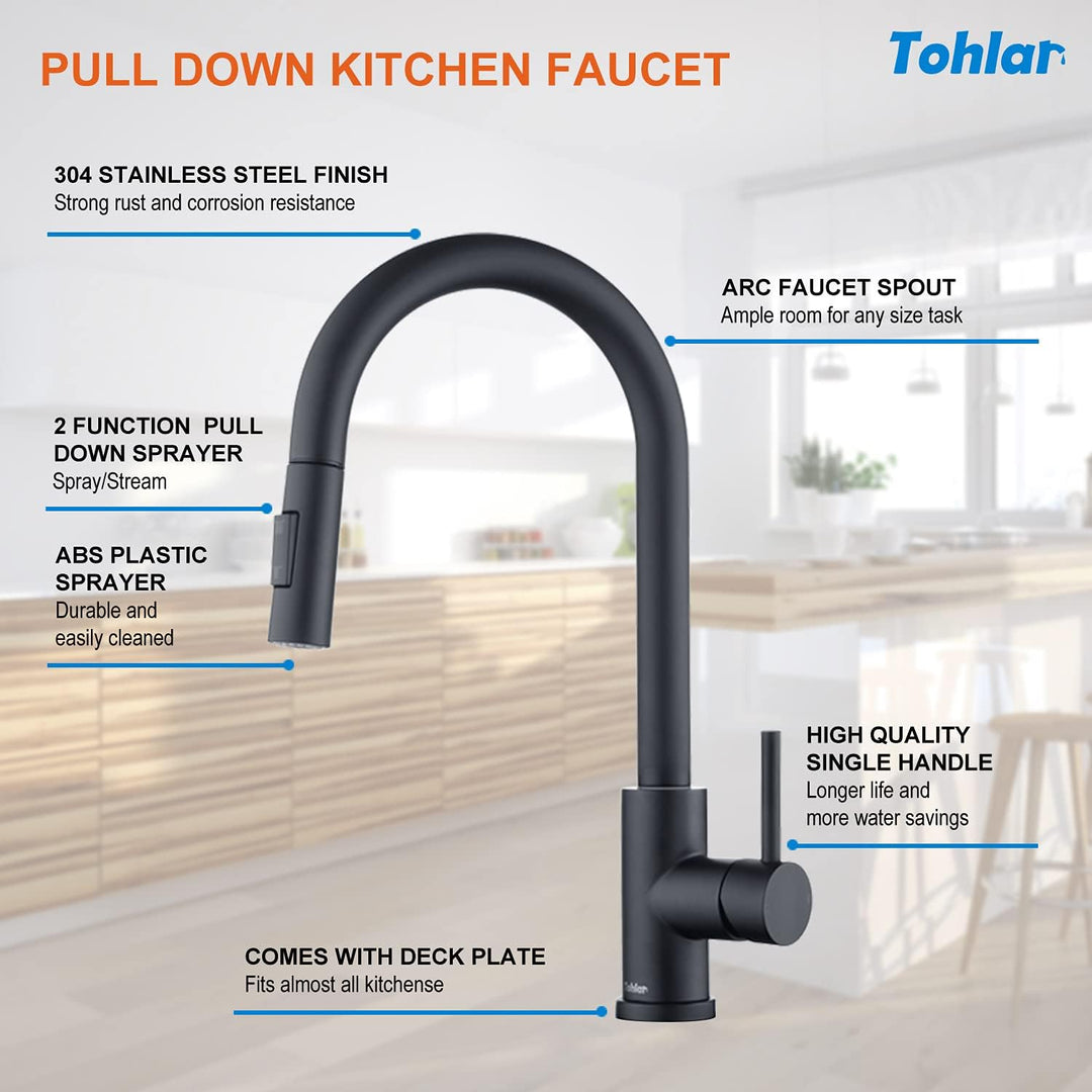 Tohlar Wasserhahn Küche Schwarz, Edelstahl Küchenarmatur, 360° Schwenkbar Spültischarmatur mit Braus