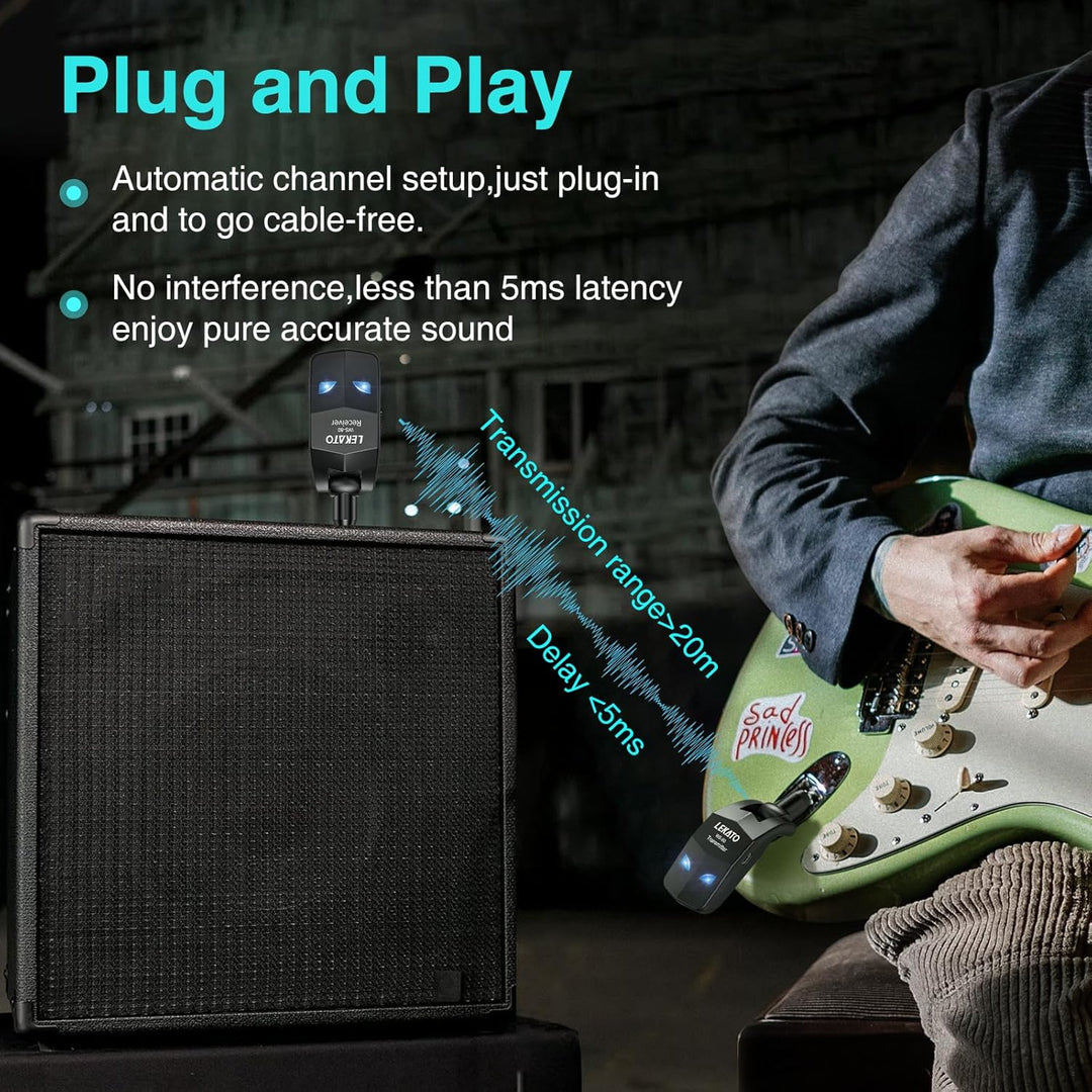 LEKATO 2,4 GHz kabelloses Gitarrensystem, kabelloser Gitarrensender und -empfänger, wiederaufladbare