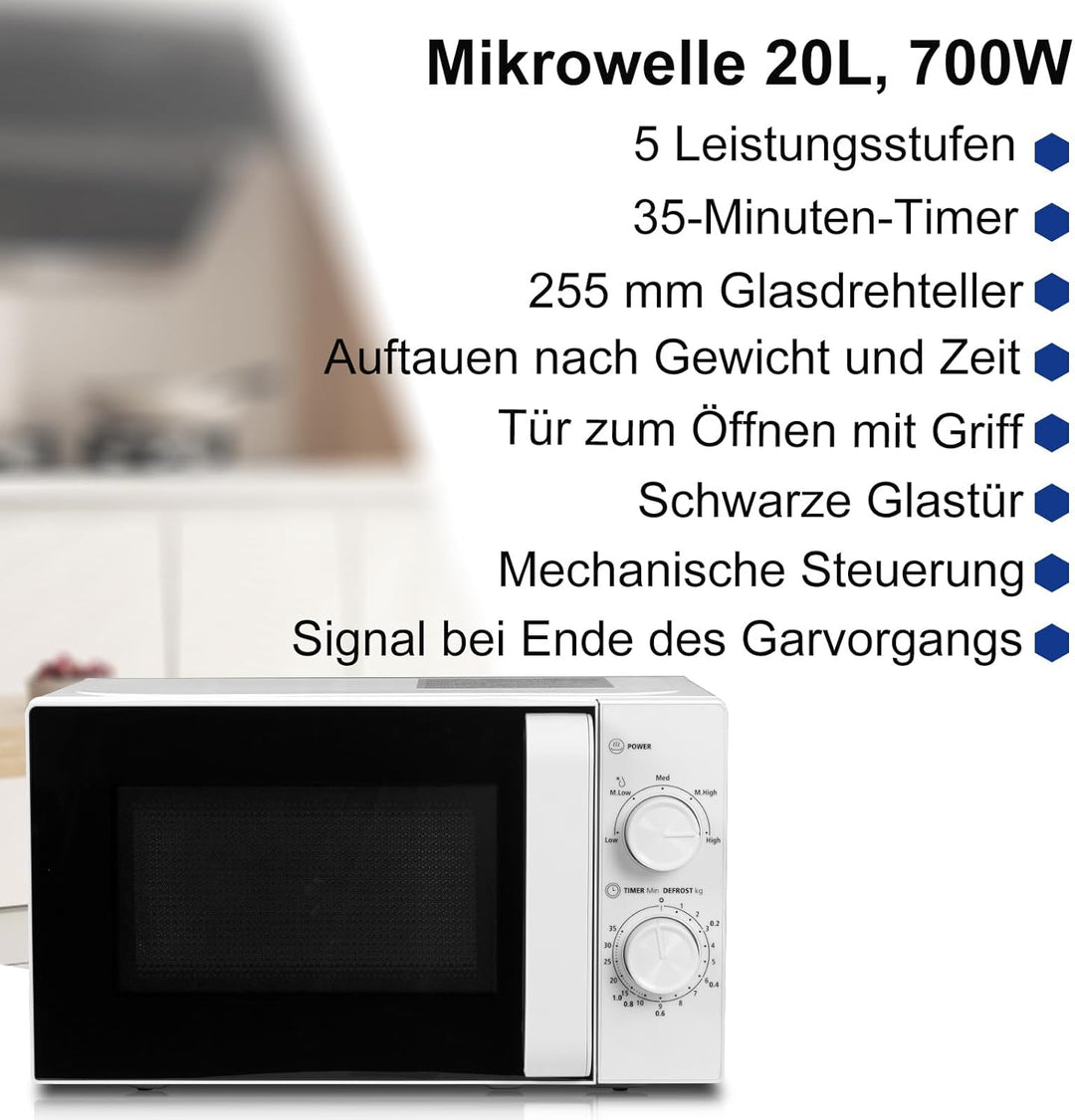 Smad Solo-Mikrowelle 20L, 700W, Mikrowelle Klein, 5 Leistungsstufen, Auftaufunktion nach Zeit/Gewich