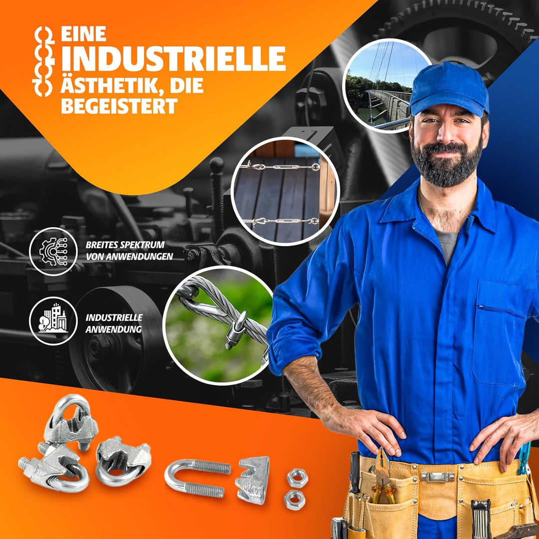 20m DRAHTSEIL SET 6mm 6x19+FC + 6 x SEILKLEMMEN 6mm DIN 741 + 2 x SPANNSCHLOSS M6 HAKEN - ÖSE verzin