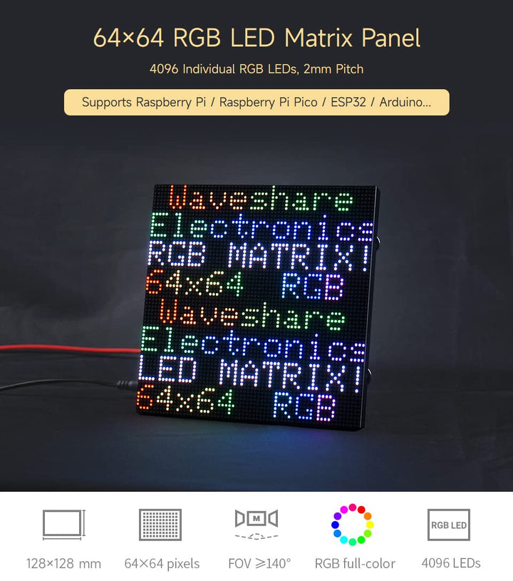Waveshare RGB Full-Color LED Matrix Panel 2mm Pitch 64x64 Pixels Adjustable Brightness Compatible wi