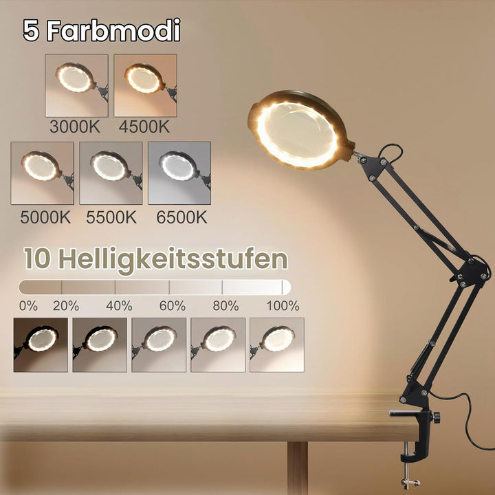12 Fach Lupe mit Licht und Ständer, 5.2" Lupe mit 5 Farbmodi 10 dimmbare Helligkeit, 2-in-1-Schreibt