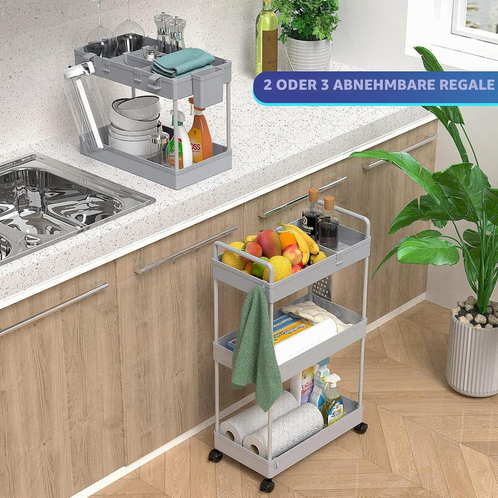 Ronlap Rollwagen Küchewagen mit 3 Ebenen, Servierwagen mit Aufhängebecher, Separator, Haken, Regal a
