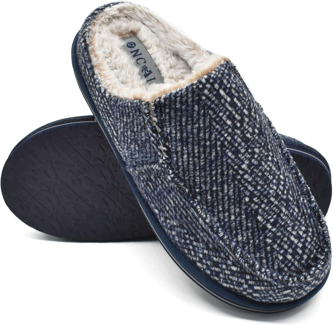 ONCAI Hausschuhe Herren Komfort Plüsch Pantoffeln Streifen Hüttenschuhe Wärme Flauschig Slipper mit