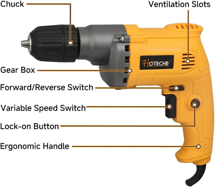 Hoteche 420W Elektrische Bohrmaschine, 0-4500 U/min, 10mm Metall/15mm Holz, 220-240V, 50/60Hz, mit K