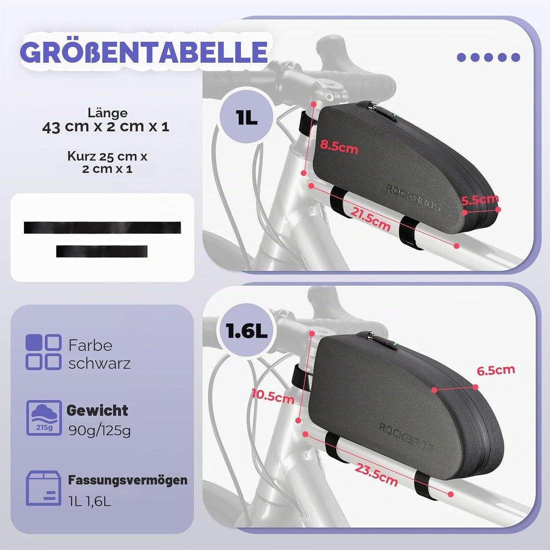 ROCKBROS Fahrrad Rahmentasche wasserdichte Fahrradtasche MTB Lenkertasche Oberrohrtasche Schwarz 1L