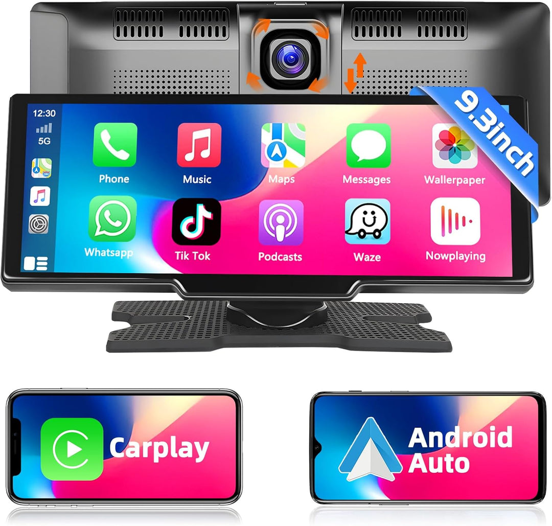 Podofo Wireless Apple Carplay & Android Auto Tragbares Autoradio mit 9,3 Zoll Bildschirm Stereo, Dra