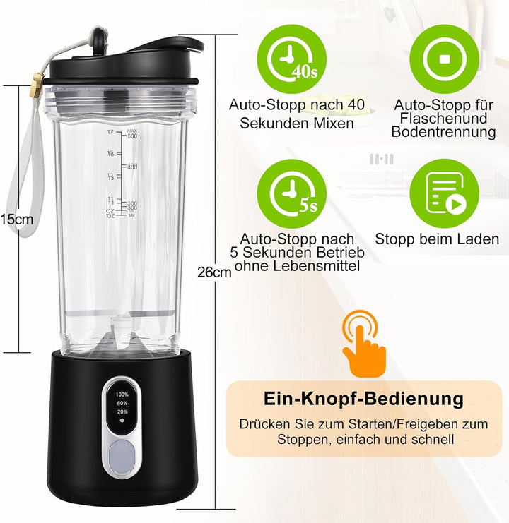 Tragbarer Mixer Smoothie Maker to go, 500ml Smoothie Mixer mit 4 Rostfreien Klingen Zerkleinert Eis