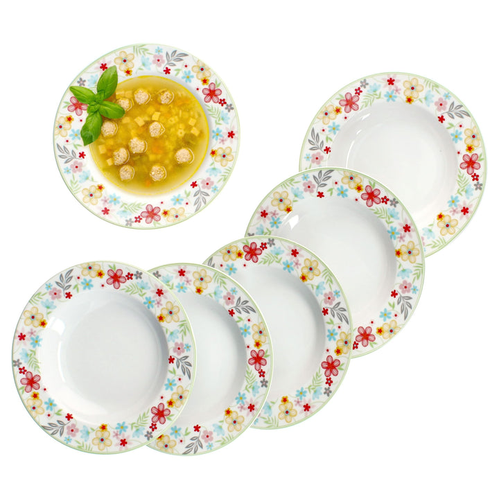 MamboCat 6er Set Variant Blümchen Suppenteller I farbige tiefe Porzellan-Teller für 6 Personen I bun