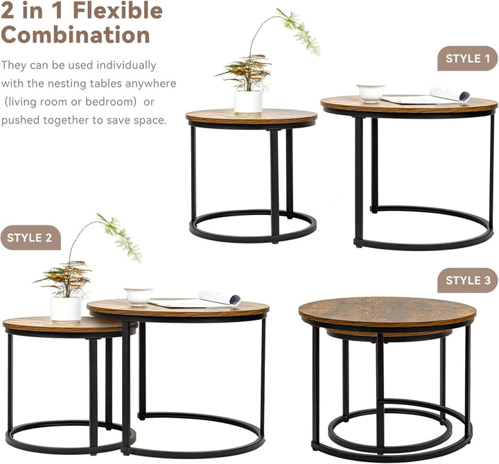 2 Stücke Beistelltisch Set rund, Couchtisch aus Holz mit Metallrahmen,Moderne Kaffeetische Satztisch