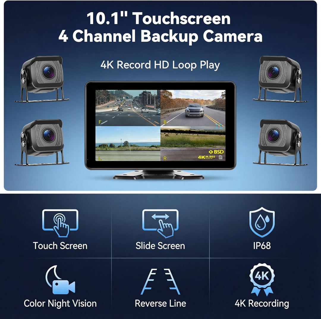 CAMECHO Rückfahrkamera 4 Kameras Set 10,1" IPS HD Monitor 4 Geteilte Rück und Vorder Kamera Weitwink