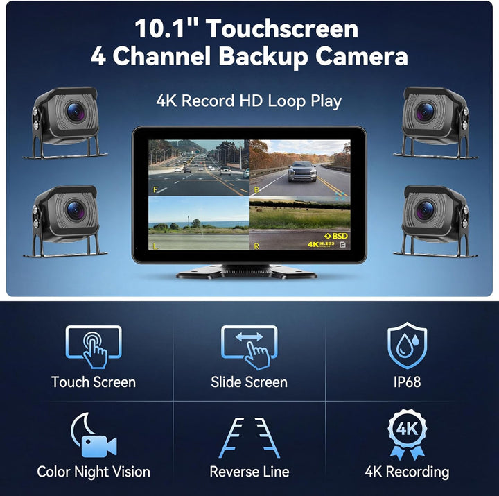 CAMECHO Rückfahrkamera 4 Kameras Set 10,1" IPS HD Monitor 4 Geteilte Rück und Vorder Kamera Weitwink