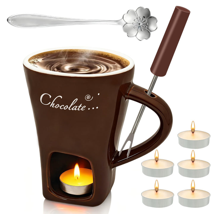 Schokofondue Tasse, 200ml Schokoladen Fondue Becher Set, Keramik Schokoladenfondue Set, mit Gabel un