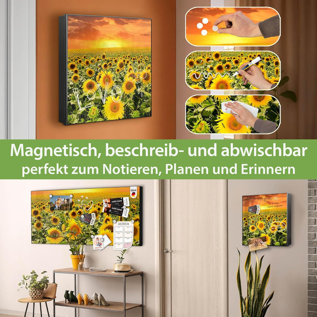 banjado® Grosser Schlüsselkasten Glas/Schlüsselbox 30cm x 30cm mit 50 Haken - Motiv Sonnenblumenmeer