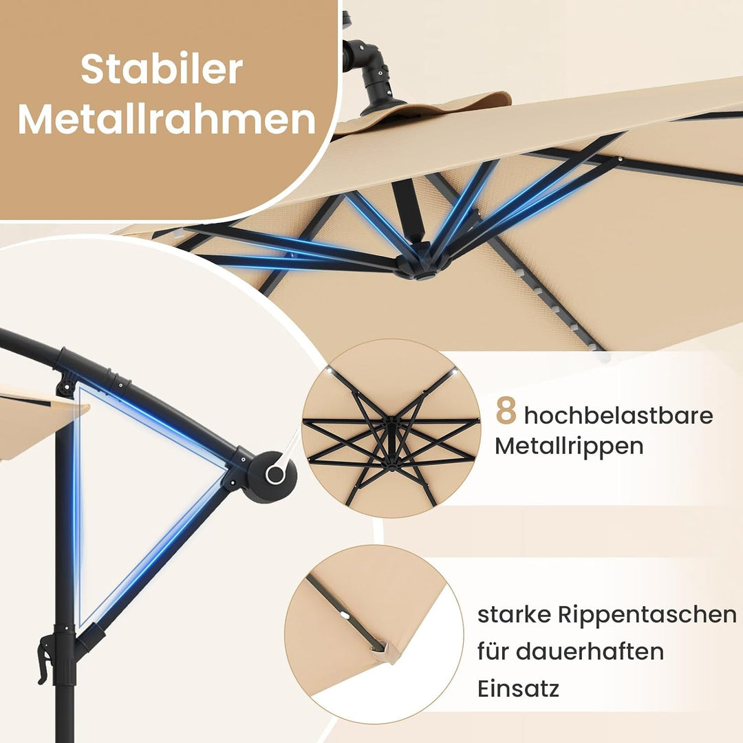 COSTWAY 300 cm Sonnenschirm mit Ständer und LED-Leuchten, Ampelschirm mit Kurbel, Gartenschirm, UV-S