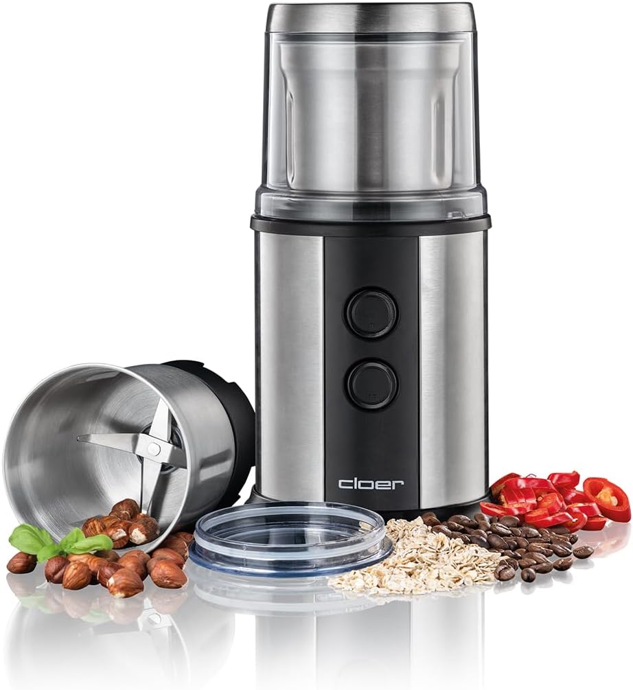 Cloer 7419 Elektrische Kaffee- und Gewürzmühle mit Edelstahl-Schlagmesser, 350W, 2 abnehmbare Edelst