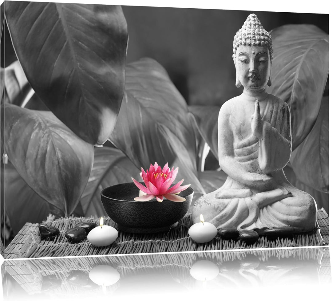 Buddha mit Seerose schwarz/weiss Format: 100x70 auf Leinwand, XXL riesige Bilder fertig gerahmt mit