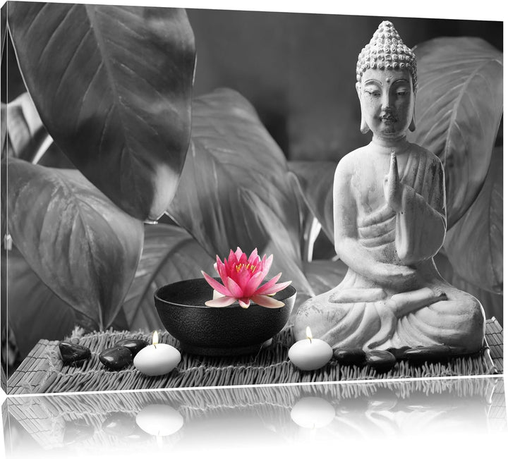 Buddha mit Seerose schwarz/weiss Format: 100x70 auf Leinwand, XXL riesige Bilder fertig gerahmt mit
