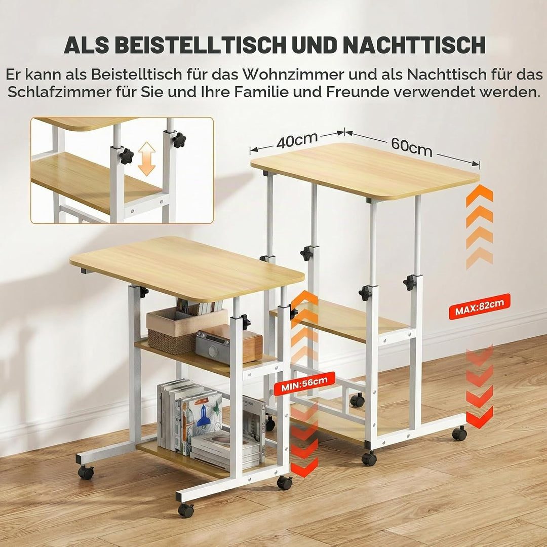 Huracan Mobiler Betttisch mit Rollen 40×80×56–82 cm, 3 Ablagen, Höhenverstellbar, H-Stahlrahmen Beso