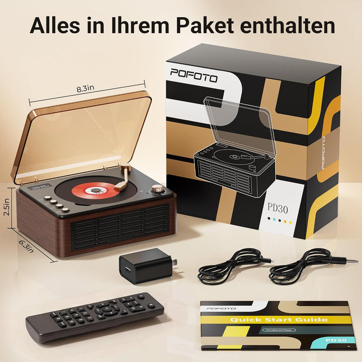 POFOTO Tragbarer CD-Player mit Bluetooth 5.3, langlebigem Akku, LCD-Display, unterstützt USB/AUX/Rad