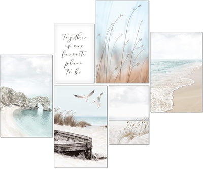 artpin® Moderne Poster Set - Bilder Wohnzimmer Deko Schlafzimmer - Pampas Gras Beige Meer Strand Bil