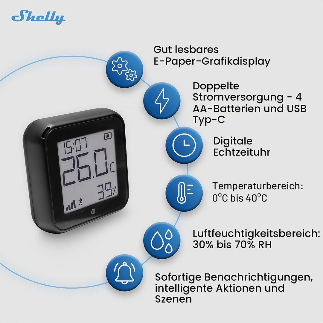Shelly AZ H&amp;T Schwarz, WLAN Smart Temperatur- und Feuchtigkeitssensor, Schnelle Verbindung mit Alexa